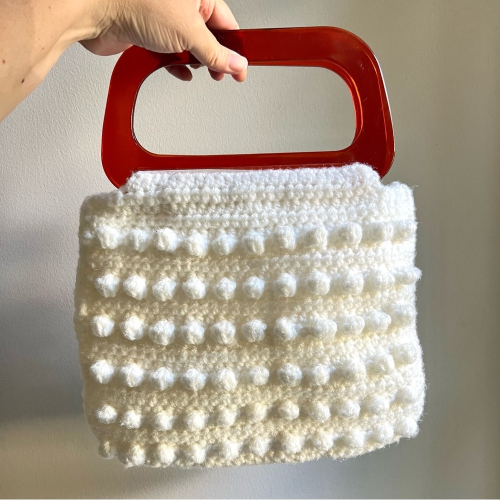 Vintage Handmade Cloud Crochet Pom Pom Bobble Purse Bag, Plastic Handles